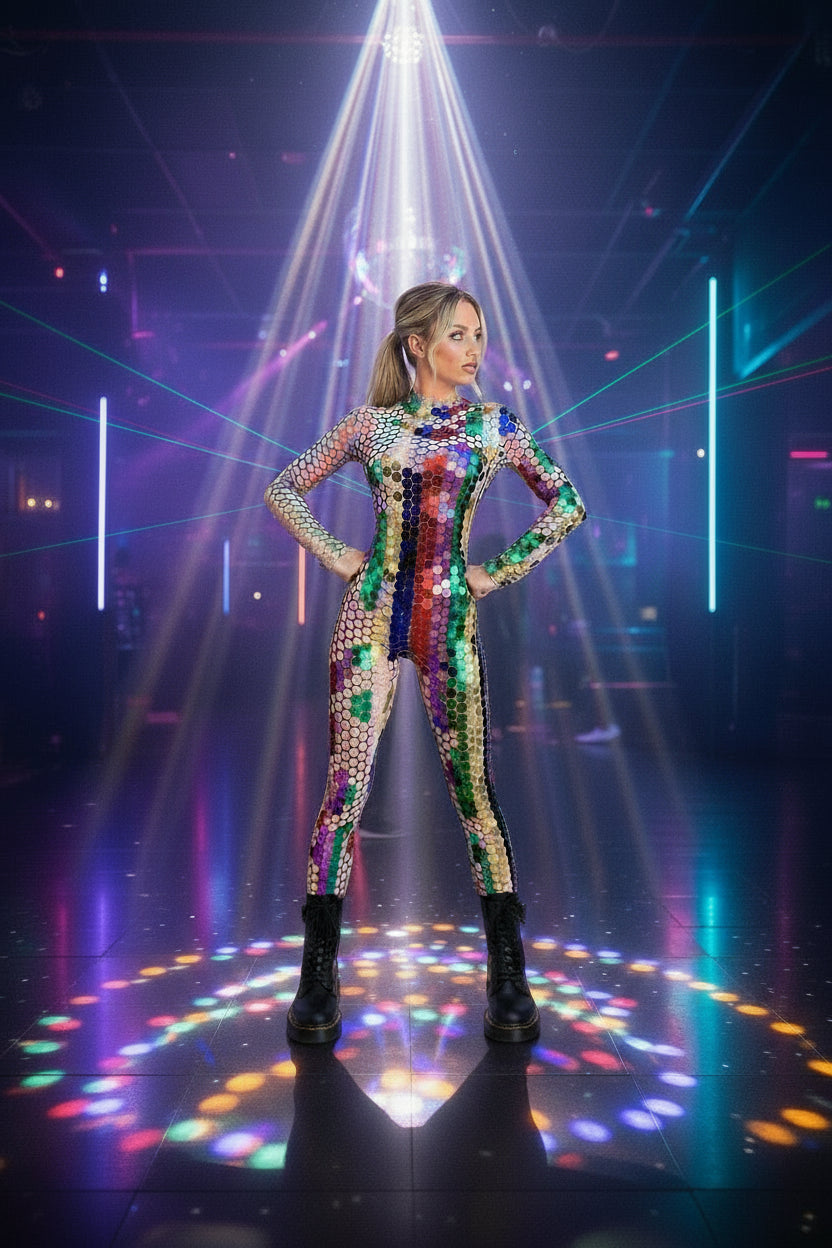 Person wearing a colorful sequin jumpsuit against a beige background