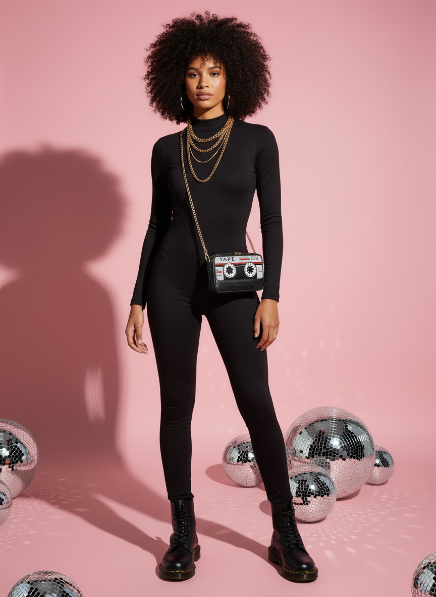Cassette tape bag with afro model in black catsuit and DMs