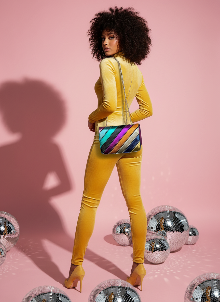 Diagonal rainbow bag with afro model in black top - pink background