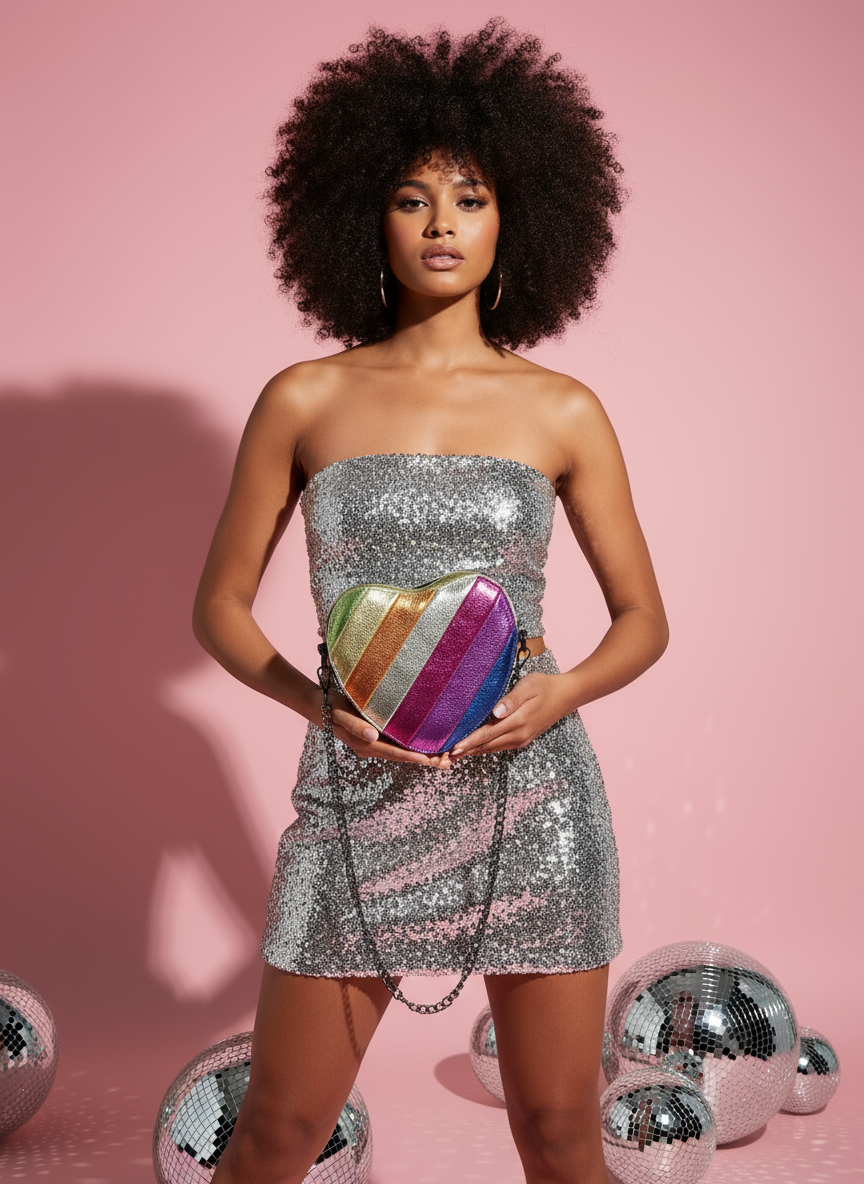 Heart-shaped rainbow bag with afro model in silver outfit