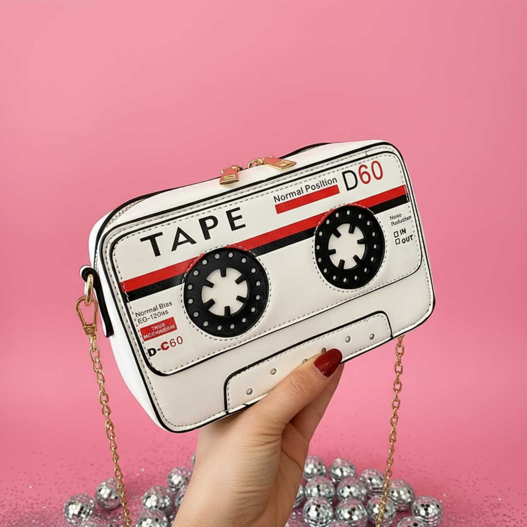 White cassette tape bag - exact original details, pink background