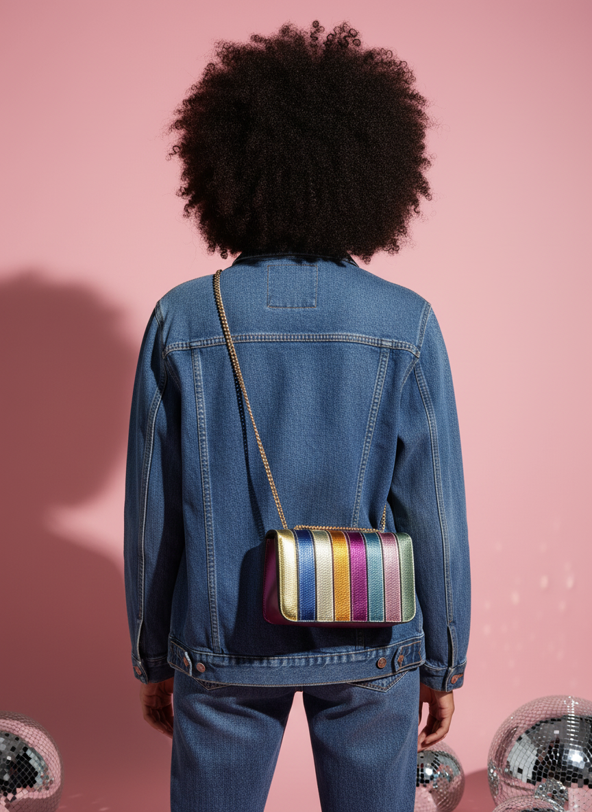 Rainbow bag with afro model in denim - pink background